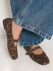 Yours Curve Brown Leopard Print Wide Fit Buckle Detail Mary Jane Flats - Image 1 of 5