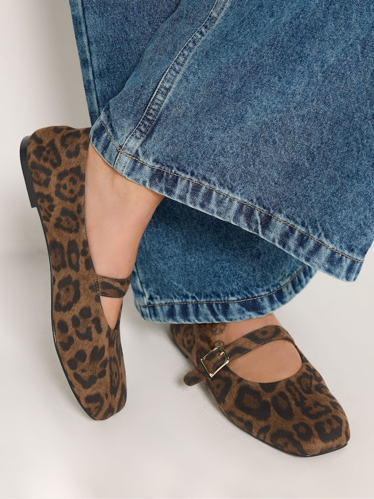 Yours Curve Brown Leopard Print Wide Fit Buckle Detail Mary Jane Flats - Image 1 of 5