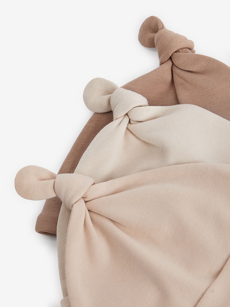 Neutral 3 Pack 100% Cotton Tie Top Baby Hats (0-12mths) - Image 2 of 3