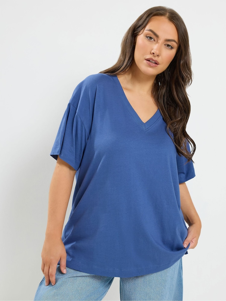 Yours Curve Blue Relaxed Longline T-Shirt - Image 1 of 6 Yours Curve Blue Relaxed Longline T-Shirt - Image 1 of 6