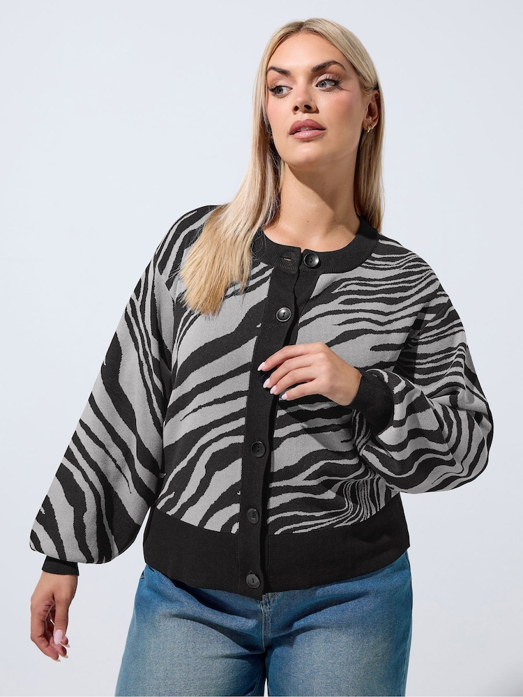 Yours Curve Grey Limited Balloon Sleeve Zebra Print Cardigan - Image 1 of 6 Yours Curve Grey Limited Balloon Sleeve Zebra Print Cardigan - Image 1 of 6