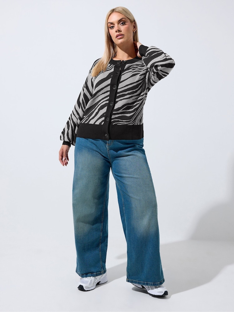 Yours Curve Grey Limited Balloon Sleeve Zebra Print Cardigan - Image 2 of 6 Yours Curve Grey Limited Balloon Sleeve Zebra Print Cardigan - Image 2 of 6