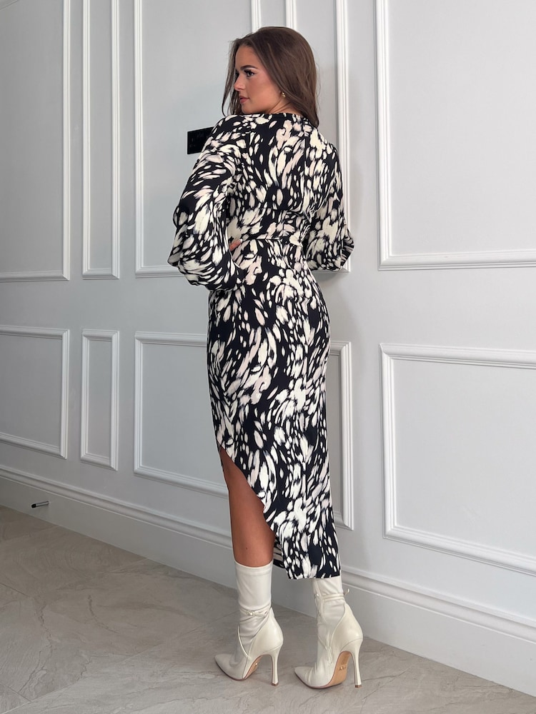 Girl In Mind Black Abstract Petite Elsa Long Sleeve Wrap Asymmetric Dress - Image 2 of 4