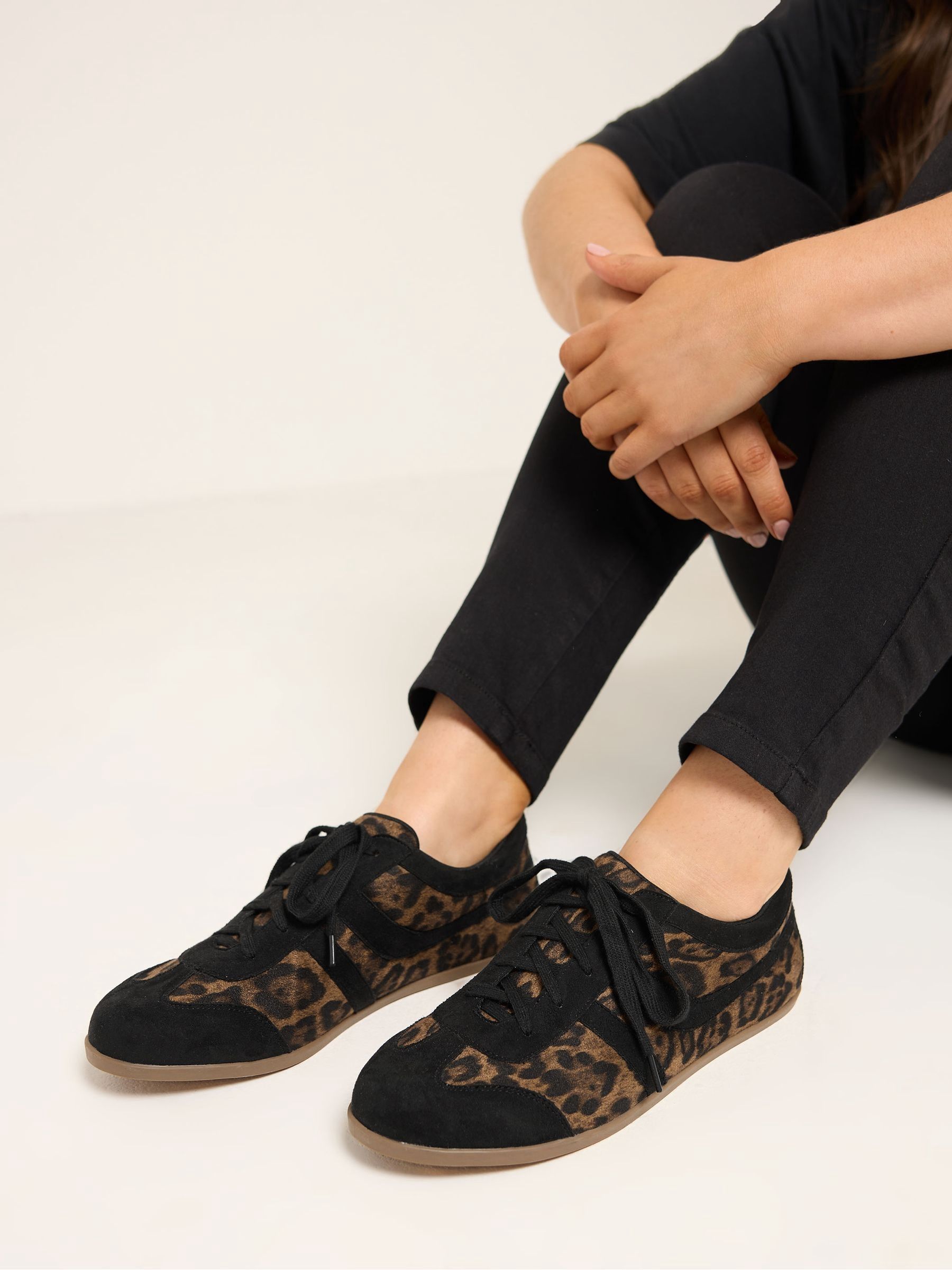 Yours Curve Women's Black Leopard Print Low Retro Stripe Trainers In Extra Wide Fit