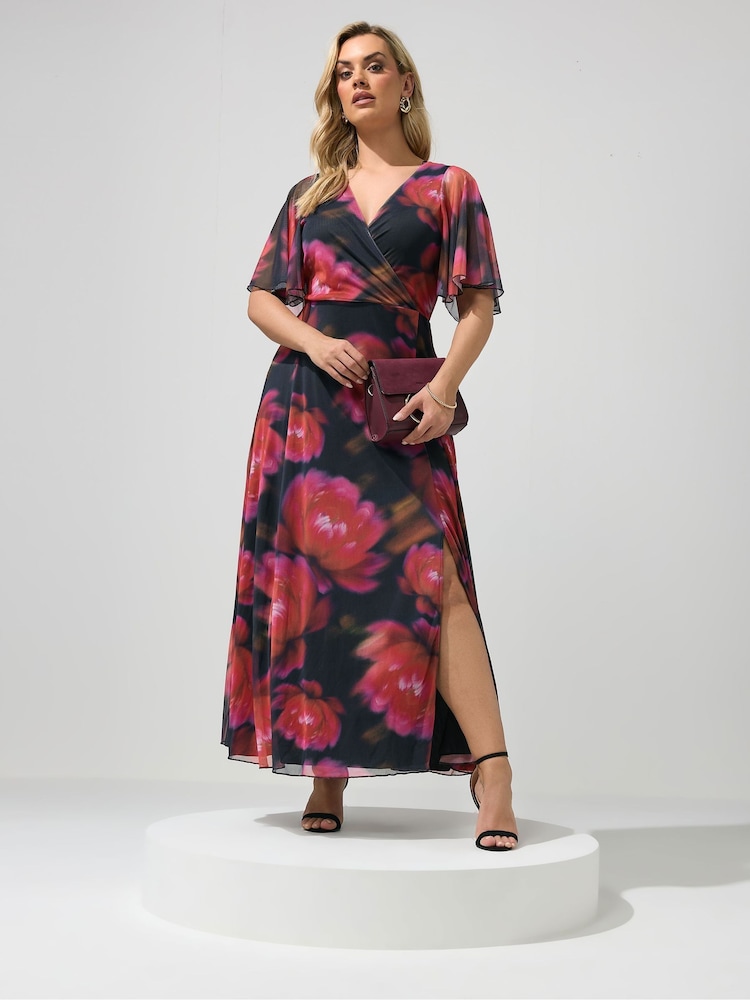 Yours Curve Black London Floral Abstract Mesh Dress - Image 1 of 5 Yours Curve Black London Floral Abstract Mesh Dress - Image 1 of 5