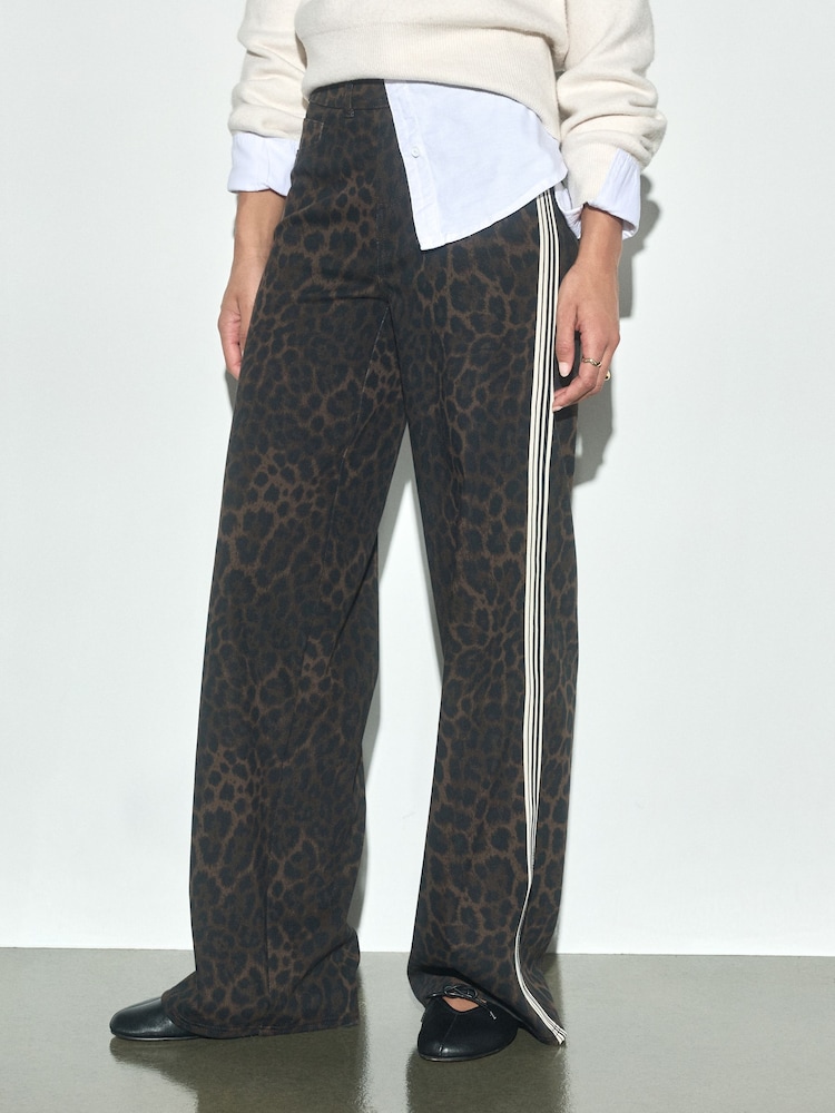 Leopard Side Stripe Jersey Denim Wide Leg Trousers - Image 2 of 8 Leopard Side Stripe Jersey Denim Wide Leg Trousers - Image 2 of 8