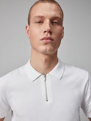 White Knitted Regular Fit Zip Polo Shirt - Image 1 of 8