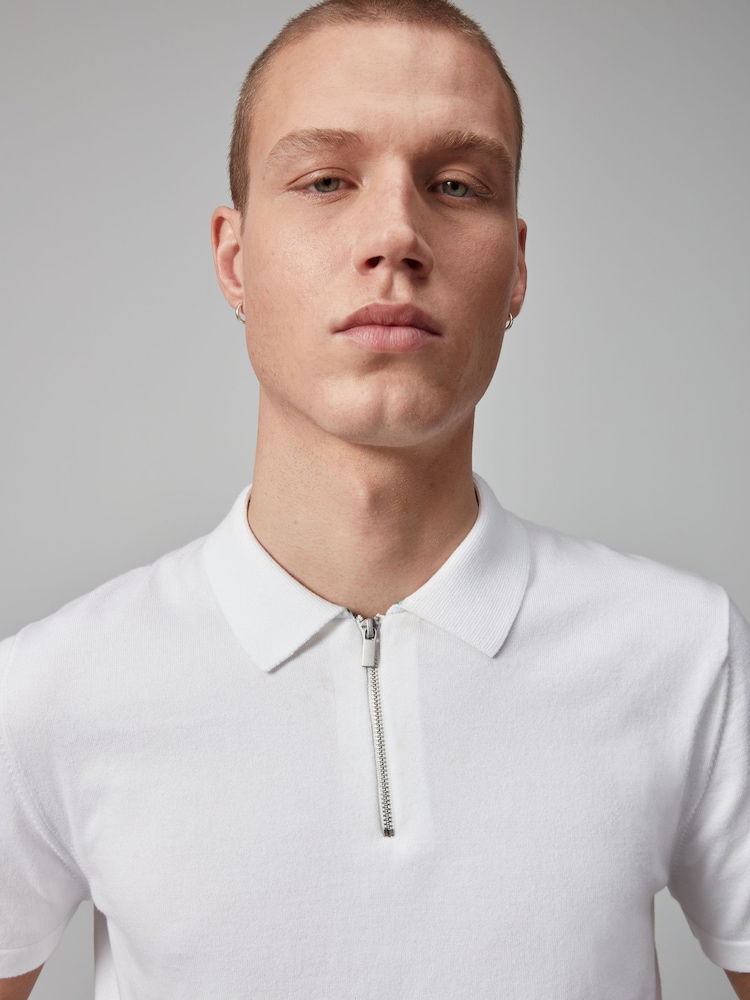 White Knitted Regular Fit Zip Polo Shirt - Image 1 of 8