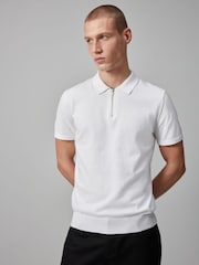 White Knitted Regular Fit Zip Polo Shirt - Image 4 of 8