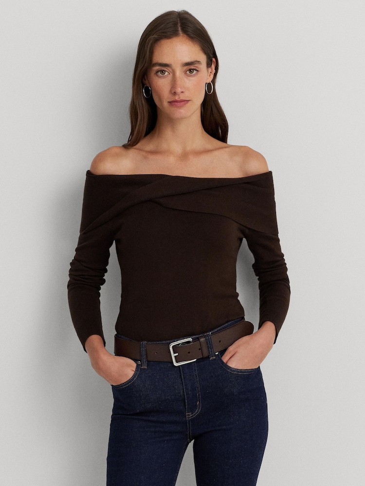 Lauren Ralph Lauren Brown Twist Front Off the Shoulder Jumper - Image 1 of 7 Lauren Ralph Lauren Brown Twist Front Off the Shoulder Jumper - Image 1 of 7