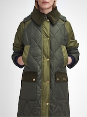 Barbour® Green 100% Cotton Cookston Longline Diamond Quilt Patch Coat - Image 6 of 9