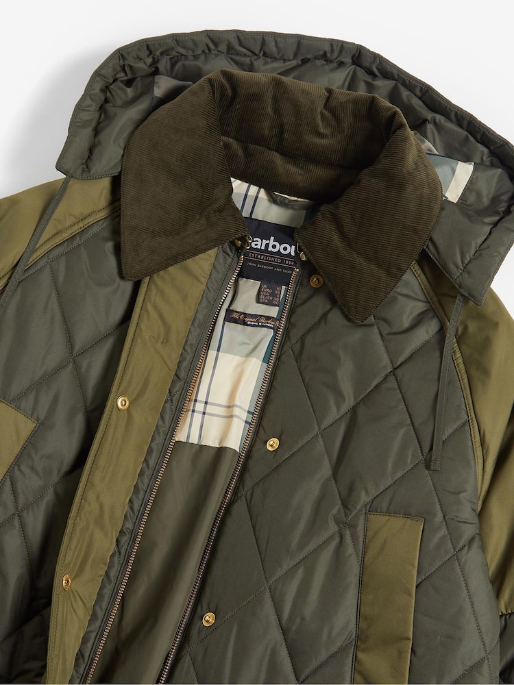 Barbour® Green 100% Cotton Cookston Longline Diamond Quilt Patch Coat - Image 9 of 9