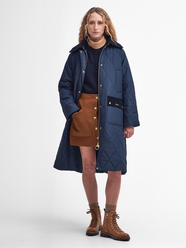 Barbour® Navy 100% Cotton Cookston Longline Diamond Quilt Patch Coat - Image 2 of 10