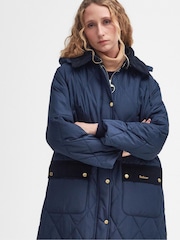 Barbour® Navy 100% Cotton Cookston Longline Diamond Quilt Patch Coat - Image 5 of 10