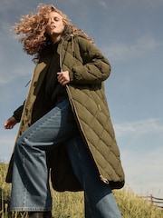 Barbour® Green Kirkton Longline 100% Cotton Diamond Quilt Puffer Coat - Image 1 of 10