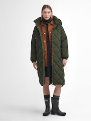 Barbour® Green Kirkton Longline 100% Cotton Diamond Quilt Puffer Coat - Image 2 of 10
