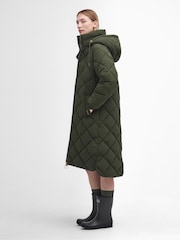 Barbour® Green Kirkton Longline 100% Cotton Diamond Quilt Puffer Coat - Image 3 of 10
