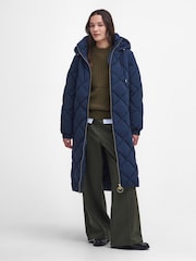Barbour® Navy Kirkton Longline 100% Cotton Diamond Quilt Puffer Coat - Image 1 of 8