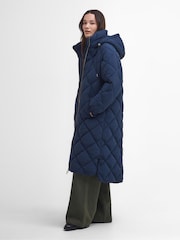 Barbour® Navy Kirkton Longline 100% Cotton Diamond Quilt Puffer Coat - Image 3 of 8