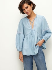 Blue Embroidered Tie Neck Blouse - Image 1 of 6