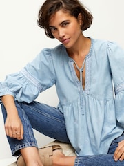 Blue Embroidered Tie Neck Blouse - Image 2 of 6