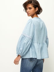 Blue Embroidered Tie Neck Blouse - Image 3 of 6