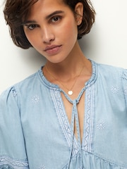 Blue Embroidered Tie Neck Blouse - Image 4 of 6