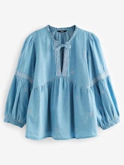Blue Embroidered Tie Neck Blouse - Image 5 of 6