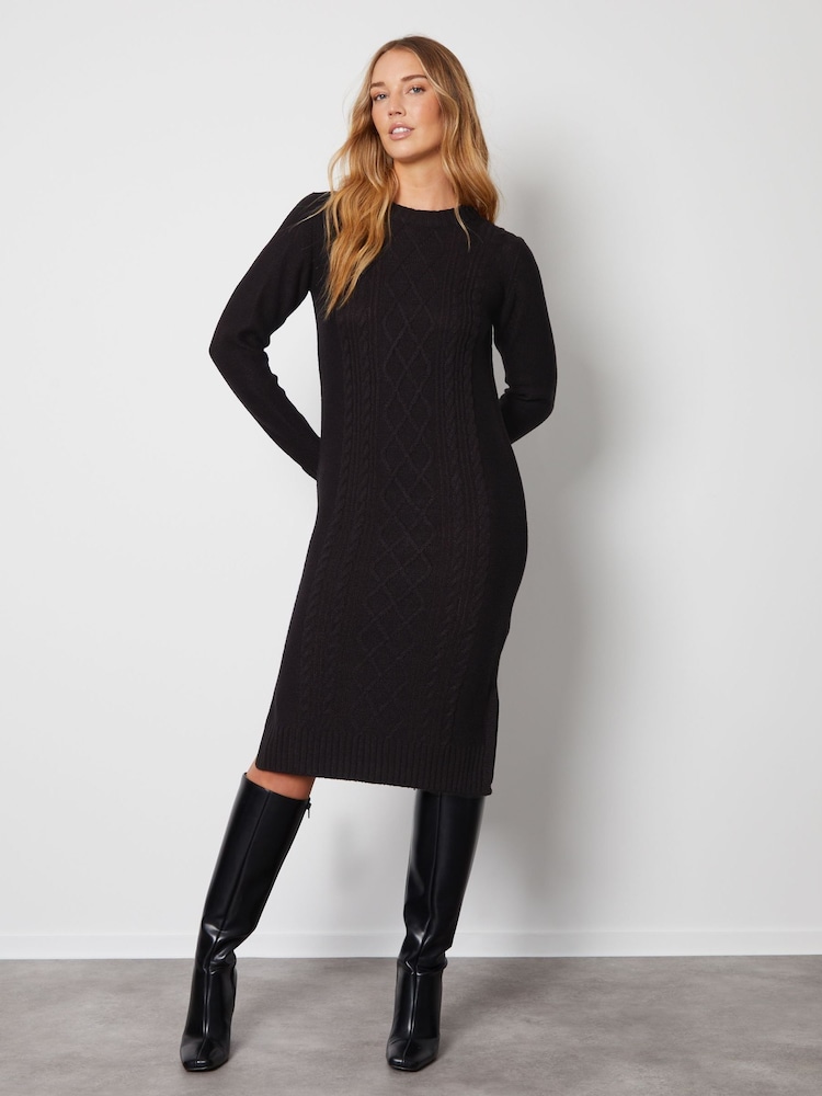 Threadbare Black Cable Knit Midi Jumper Dress - Image 1 of 4