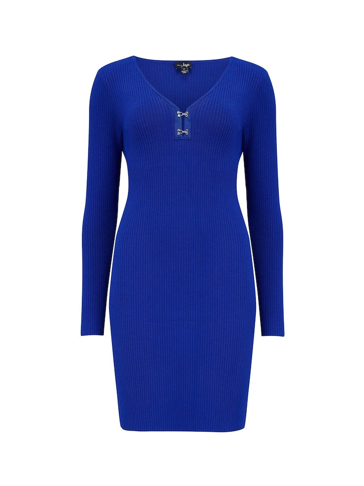 Niebieski - Pour Moi Layla Rib Knit V-Neck Bodycon Mini Dress - Image 4 of 5
