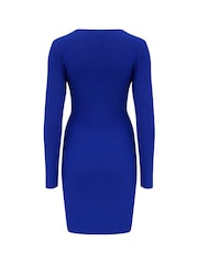 Pour Moi Blue Layla Rib Knit V-Neck Bodycon Mini Dress - Image 5 of 5
