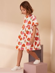 Cream Strawberry Print Short Sleeve 100% Cotton Jersey Dress (3-16yrs) - Image 2 of 6