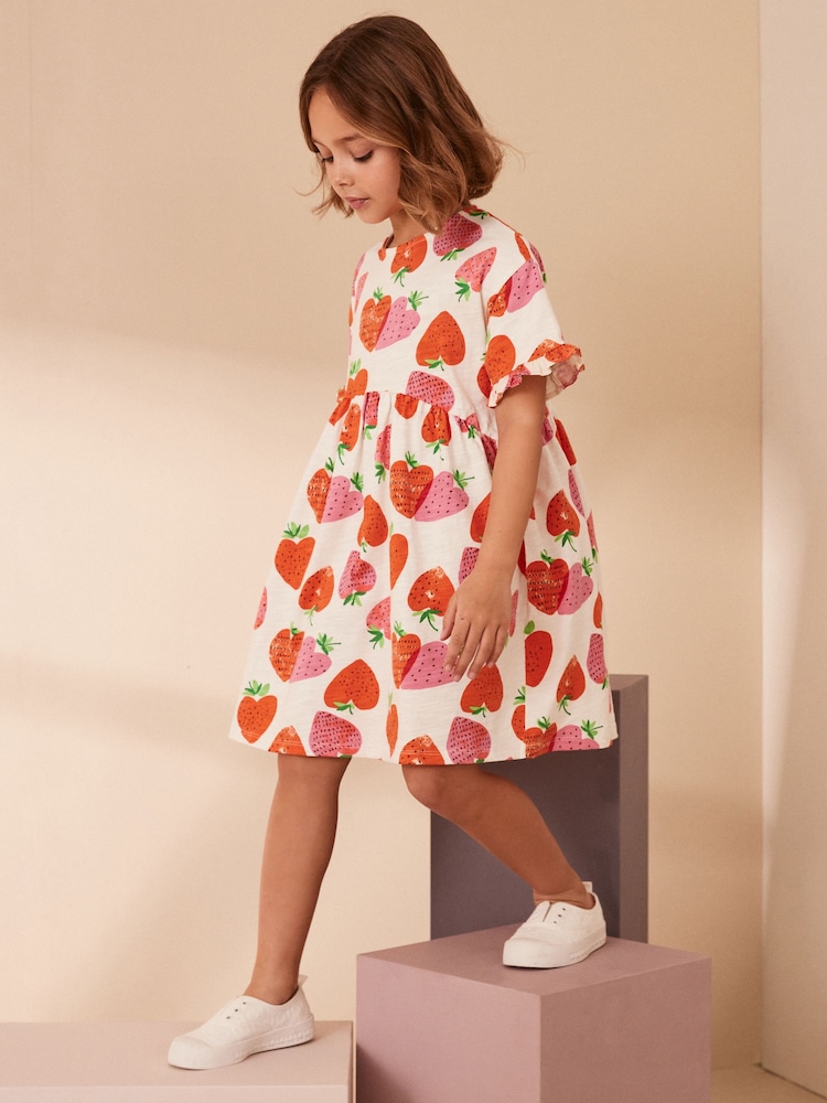 Cream Strawberry Print Short Sleeve 100% Cotton Jersey Dress (3-16yrs) - Image 2 of 6