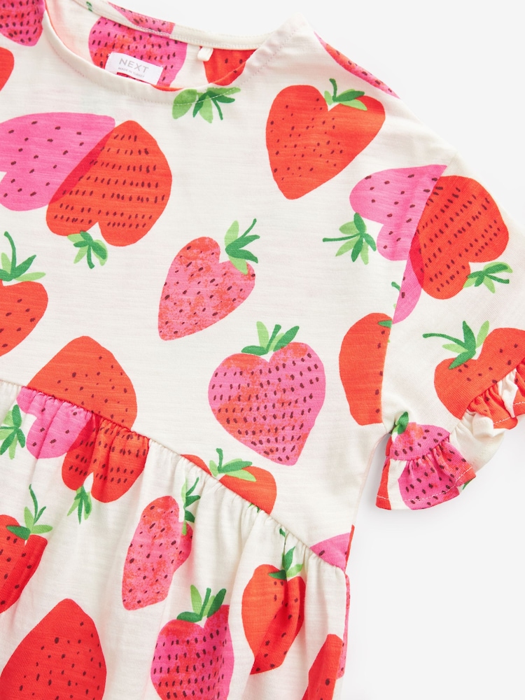 Cream Strawberry Print Short Sleeve 100% Cotton Jersey Dress (3-16yrs) - Image 6 of 6