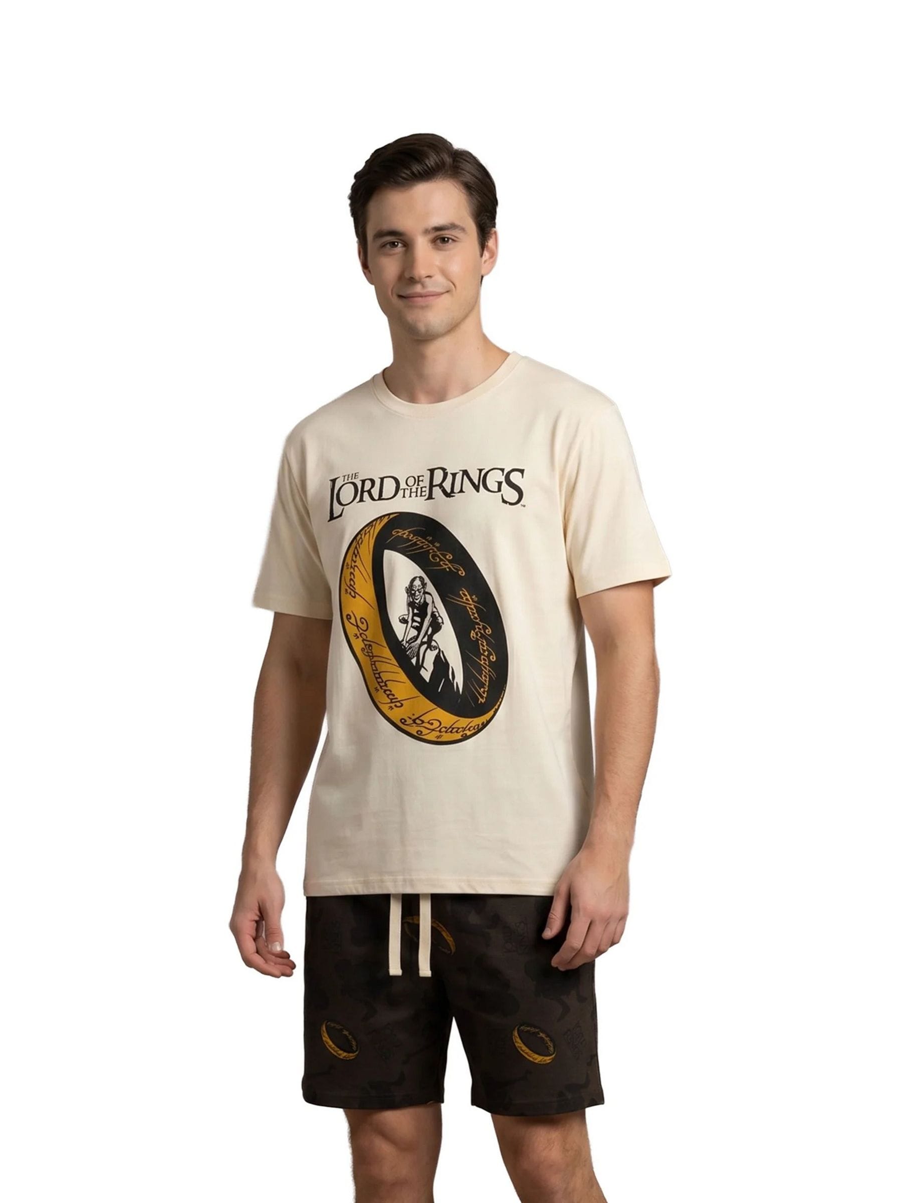 Lord Of The Rings Mens Cream Short Sleeve Pyjama Set | One Ring Graphic Print Shorts with Drawstring & Elasticated Waist | Short Leg Nightwear | Lord Of The Rings Merch - Image 2