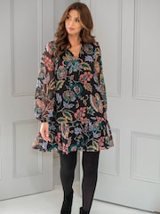 Pour Moi Black Sian Chiffon Long Sleeve Tiered Dress - Image 2 of 4
