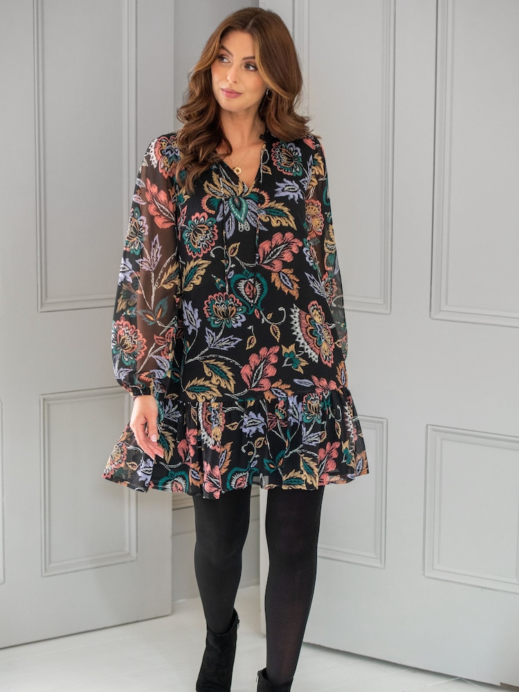 Pour Moi Black Sian Chiffon Long Sleeve Tiered Dress - Image 2 of 4