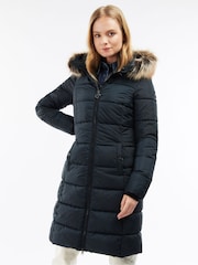 Barbour® Black 100% Cotton Rosoman Long Quilt Faux Fur Trim Hood Coat - Image 1 of 1