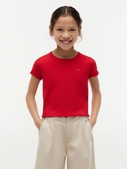 Tommy Hilfiger Red Essential Ruffle Extra Slim Ribbed Top - Image 1 of 5