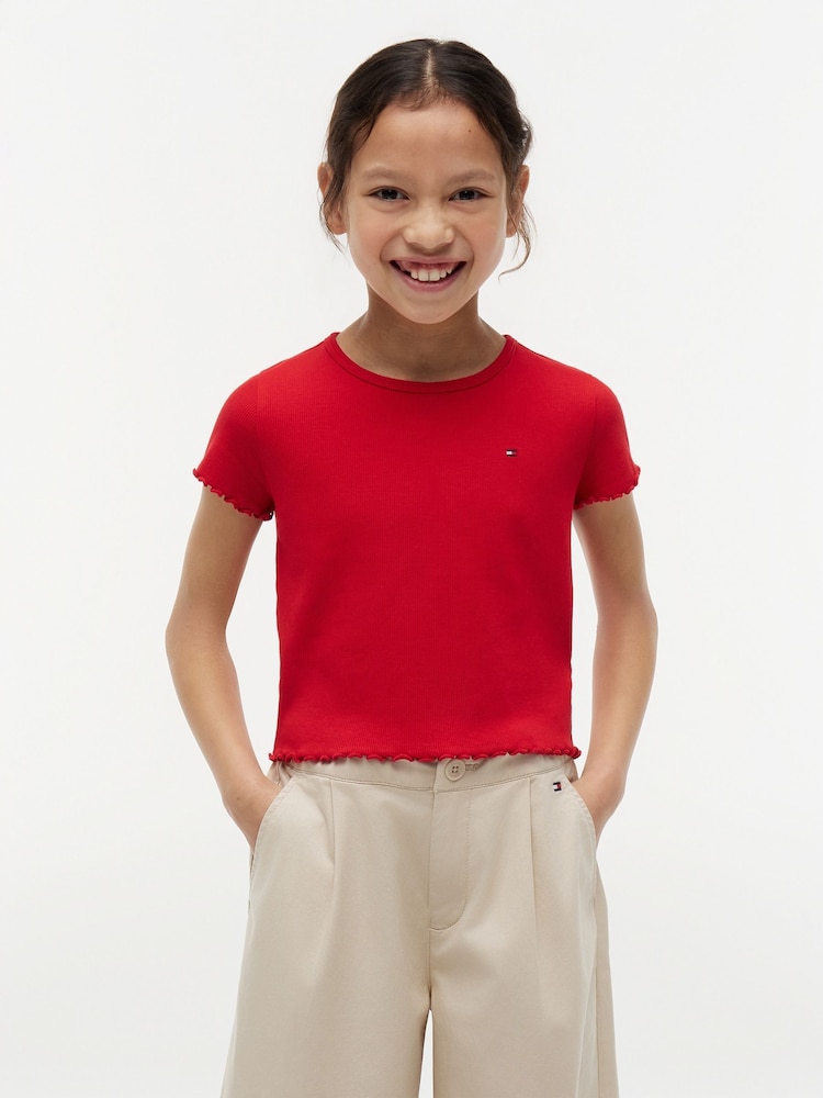 Tommy Hilfiger Red Essential Ruffle Extra Slim Ribbed Top - Image 1 of 5