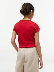 Tommy Hilfiger Red Essential Ruffle Extra Slim Ribbed Top - Image 2 of 5