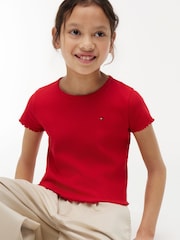 Tommy Hilfiger Red Essential Ruffle Extra Slim Ribbed Top - Image 4 of 5