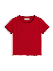 Tommy Hilfiger Red Essential Ruffle Extra Slim Ribbed Top - Image 5 of 5
