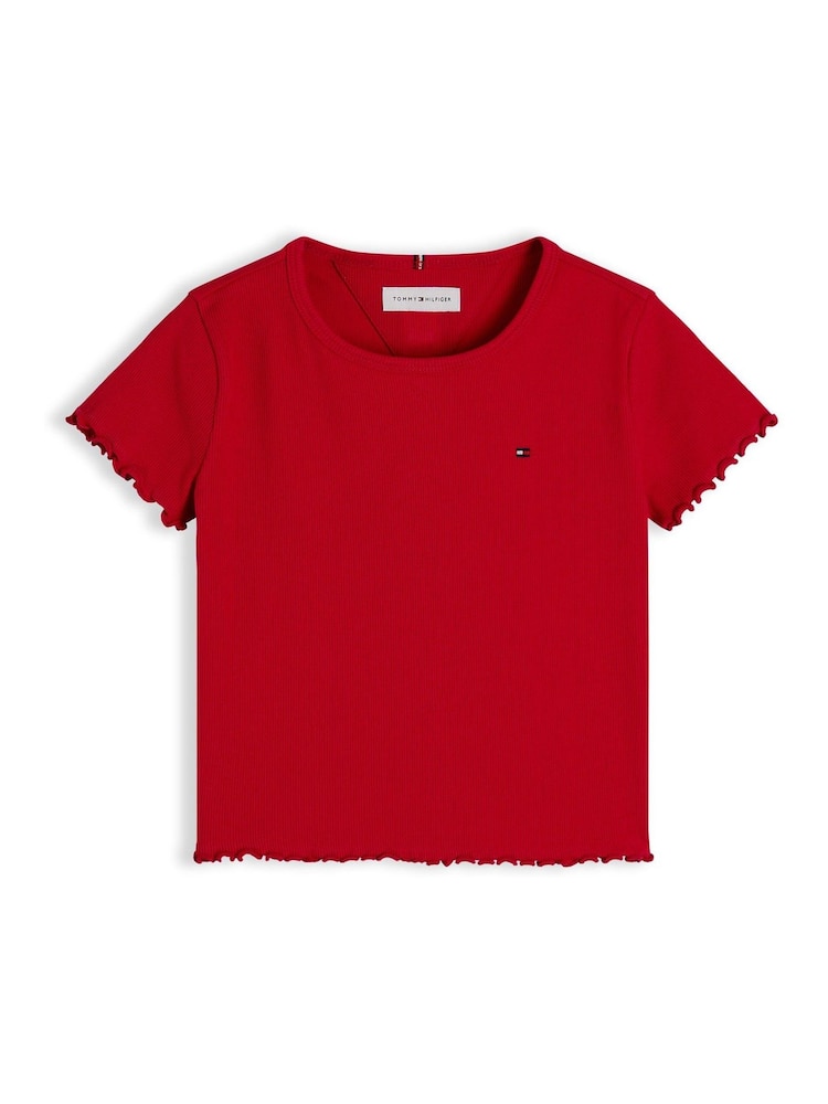 Tommy Hilfiger Red Essential Ruffle Extra Slim Ribbed Top - Image 5 of 5