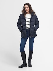 Barbour® Navy 100% Cotton Midhurst Baffle Quilt Faux Fur Trim Hood Coat - Image 3 of 11