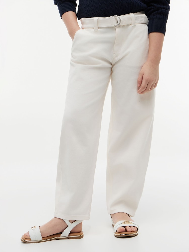 Tommy Hilfiger White Essential Barrel Leg Belted Twill Trousers - Image 1 of 5 Tommy Hilfiger White Essential Barrel Leg Belted Twill Trousers - Image 1 of 5