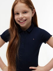 Tommy Hilfiger Blue Ribbed Pointelle Polo Collar Top - Image 3 of 4