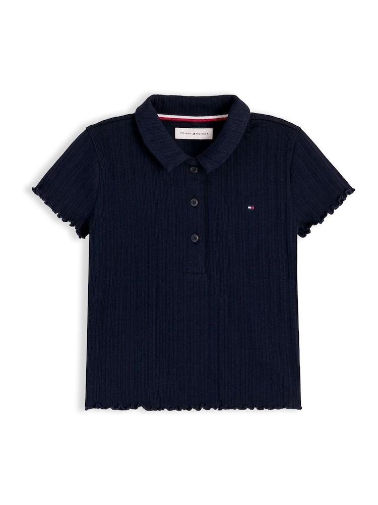 Tommy Hilfiger Blue Ribbed Pointelle Polo Collar Top - Image 4 of 4 Tommy Hilfiger Blue Ribbed Pointelle Polo Collar Top - Image 4 of 4