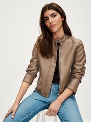 Toffee Brown Centre Front Faux Leather Jacket - Image 1 of 9