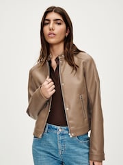 Toffee Brown Centre Front Faux Leather Jacket - Image 3 of 9